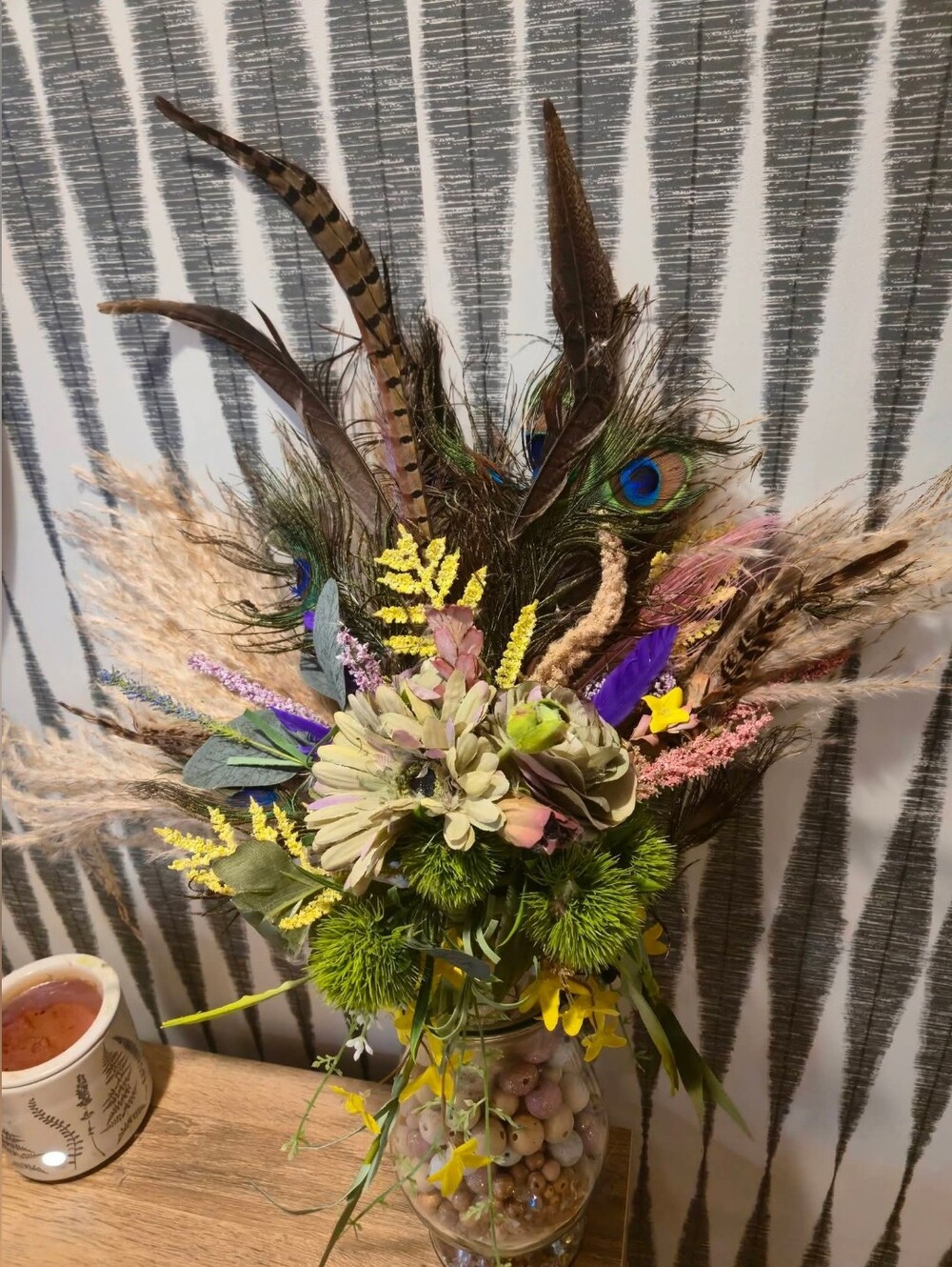 Handmade Boho Peacock Feather Pampas Grass Faux Floral Rustic Cottage Home Decor
